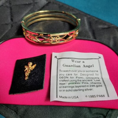 Vintage Lot Ballou Reg d Gold Tone Cherub Guardian Angel Pin N Gold Tone Bangle