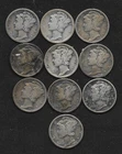 1O MERCURY SILVER DIMES ALL 1930'S RANDOM DATES