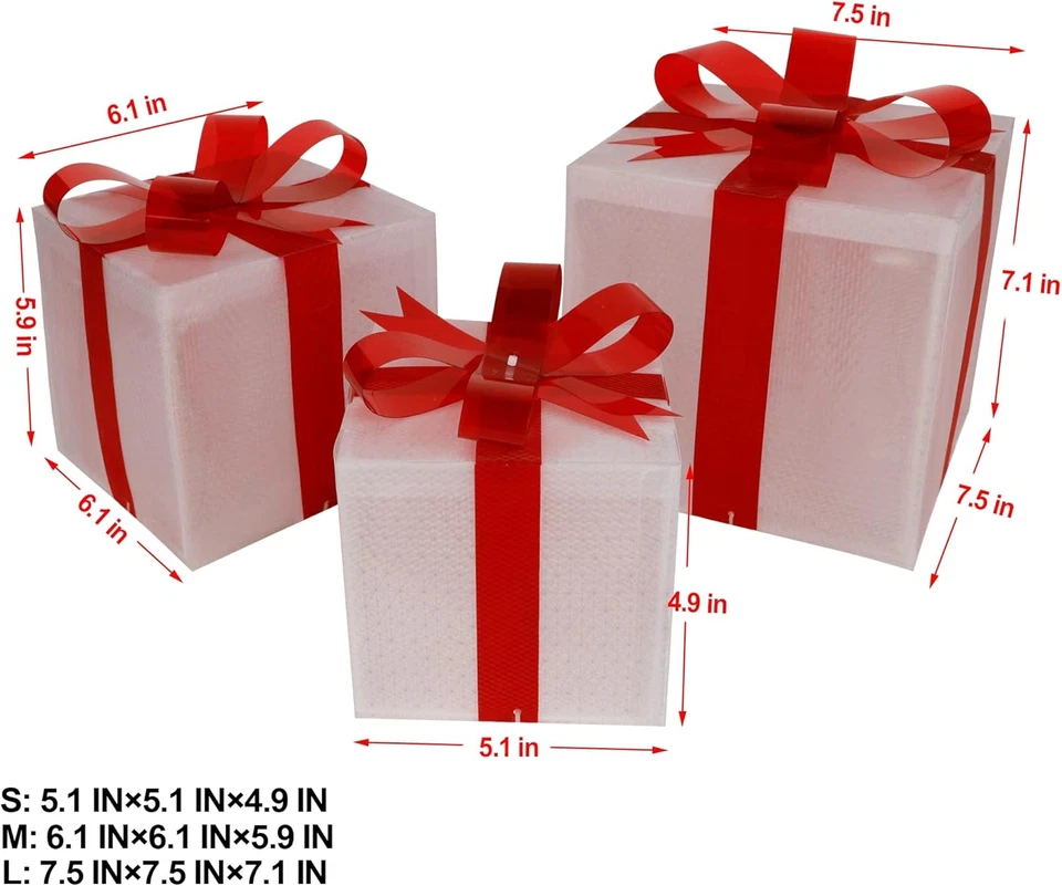 Рождественская коробка украшения, набор из 3 световых коробок с красными бантами, подключаемый 60 светодиодов - Изображение 2 из 4