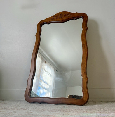 Wood Framed Carved Top Accent Wall Mirror Brown Rectangle Vertical 47 x27.5 