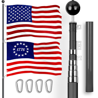 20 Ft Telescoping Flagpole Black & USA and Betsy Ross 1776 Flags Emb 300D 3x5Ft