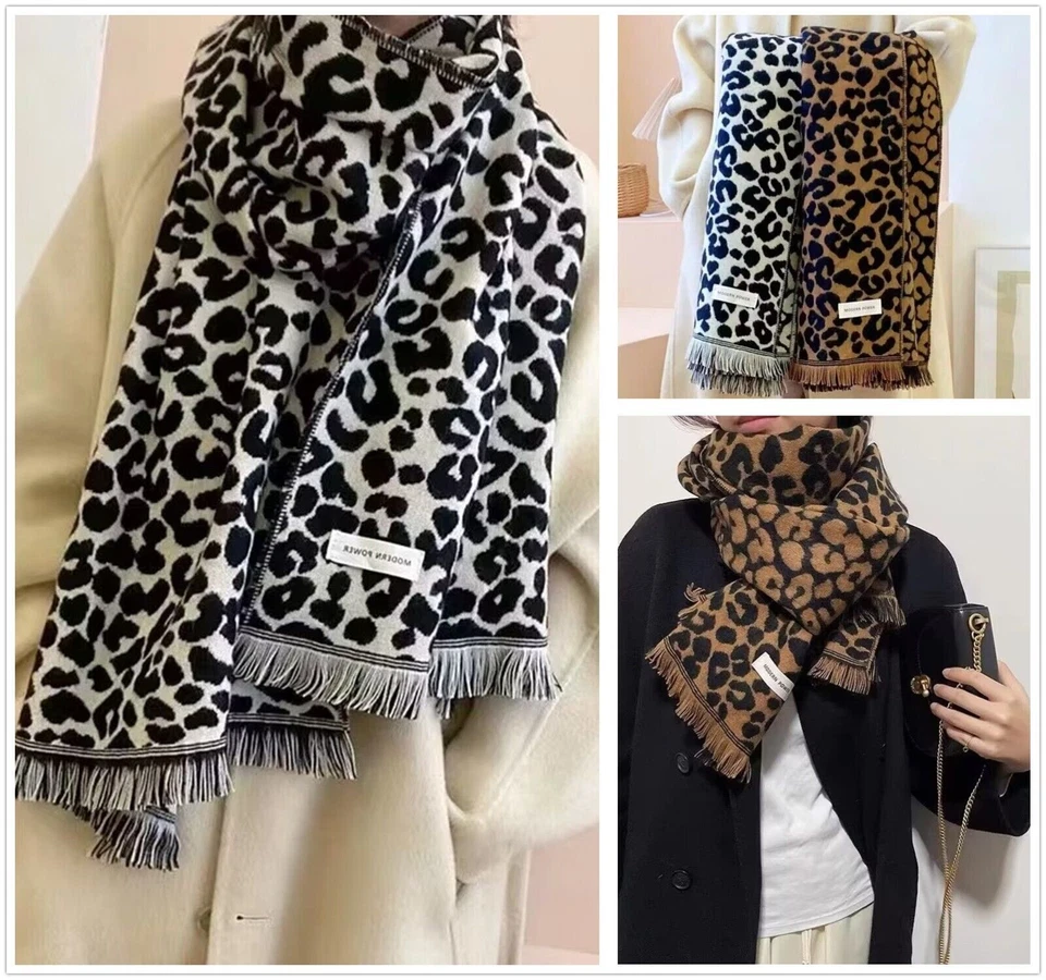 Women Wool Reversable Leopard Print Shawl Thick Blanket Scarf Stole Scarves Wrap
