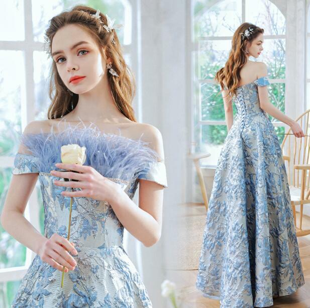 Precioso Vestido Azul Fuera del Hombro Pluma Flores Noche Banquete Baile de graduación HAJ