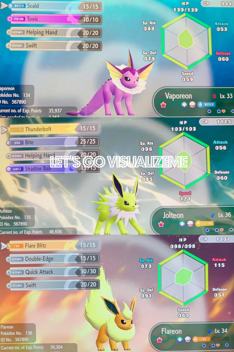 Shiny Vaporeon/Jolteon/Flareon 6IV - X/Y OR/AS S/M US/UM Let's Go  Sword/Shield