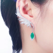 Symmetrical Long Feather Ear Cuff Drop Earrings Silver Plated CZ Wedding Jewelry