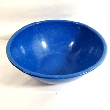 Vintage Dark Blue Speckled Porcelain Batter Bowl 10 inch Wide 4" Tall