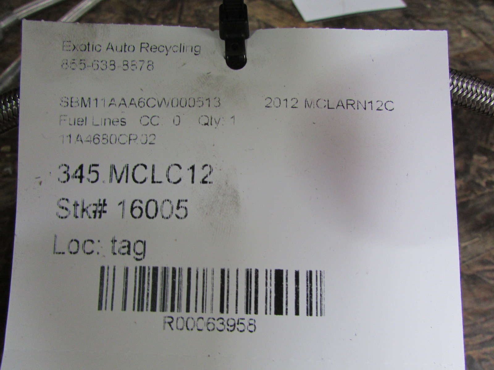 Mclaren MP4-12C Fuel Line, Used, P/N 11A4680CP.02