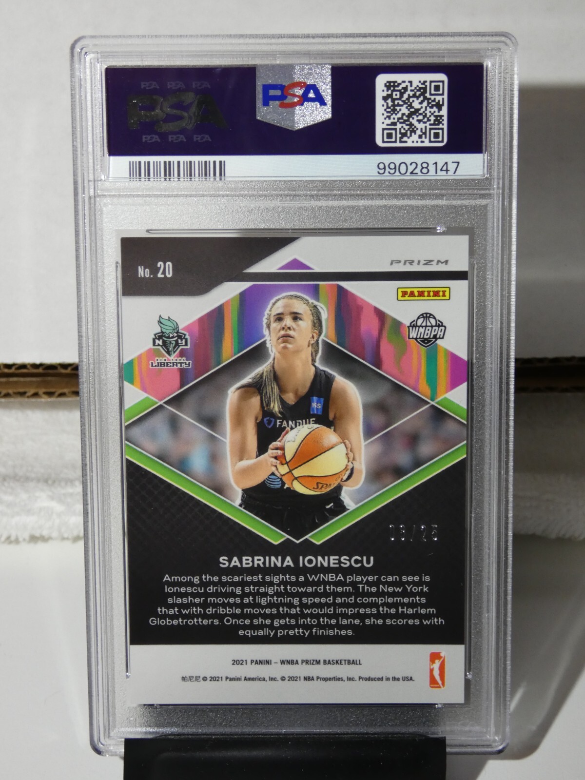 Sabrina Ionescu 2021 WNBA Panini Prizm Fearless MOJO Prizm #'d 8/25 PSA 9 view 2
