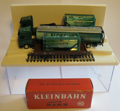 LOT 333 SMALL RAILWAY WAGON + 2 TRUCKS SEMI TRAILER HOLSTEN BEER HO 1/87 in box