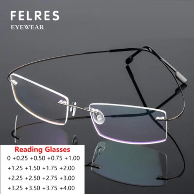 FELRES Men Rimless Metal Square Reading Glasses Classic Business Presbyopic Glasses New