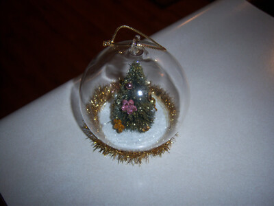 VTG Pretty Retro Inspired Diorama Glass Christmas Ornament w/ Bottle Brush Tree
