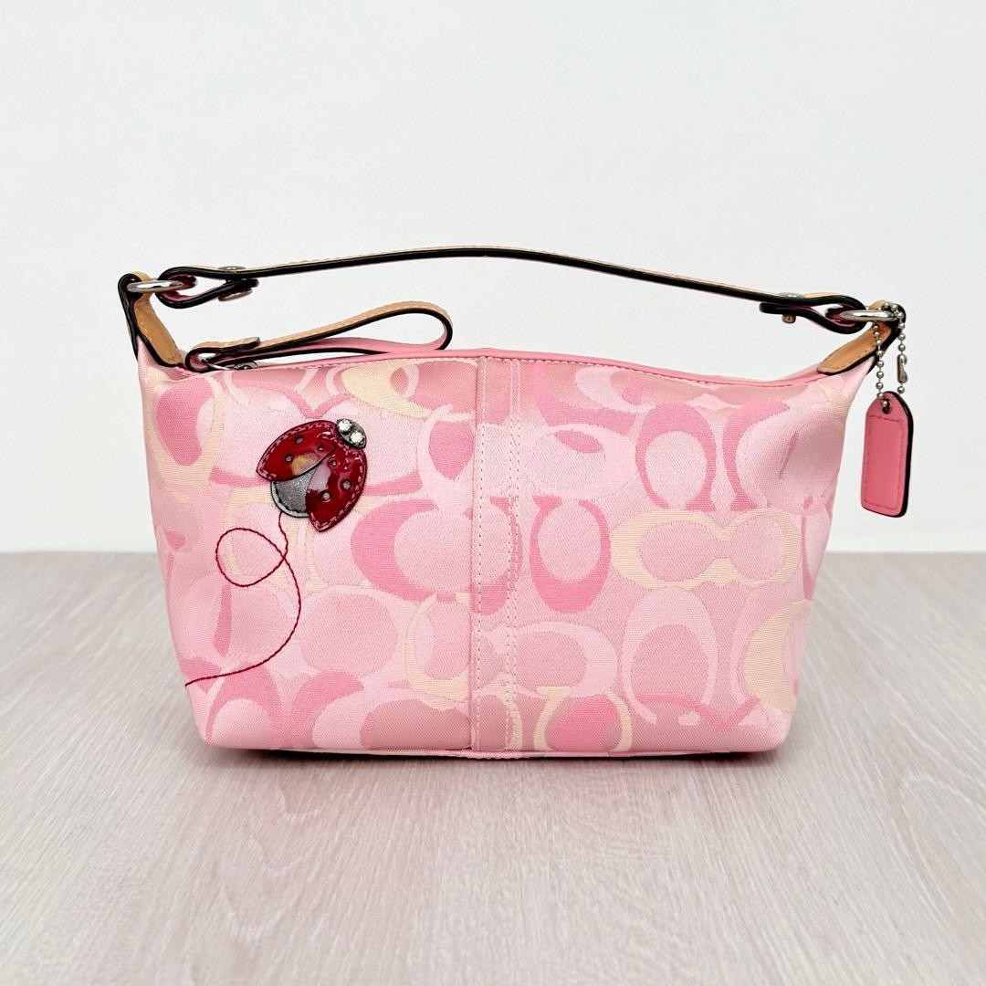 バッグ COACH Ladybug Pink Signature Pouch Rare COACH Ladybug Pink Signature Pouch Handbag Canvas Leather Rare