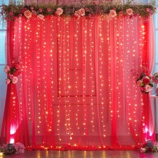 10x10 FT Red Tulle Sheer Photo Backdrop Curtain String Light Wedding Party