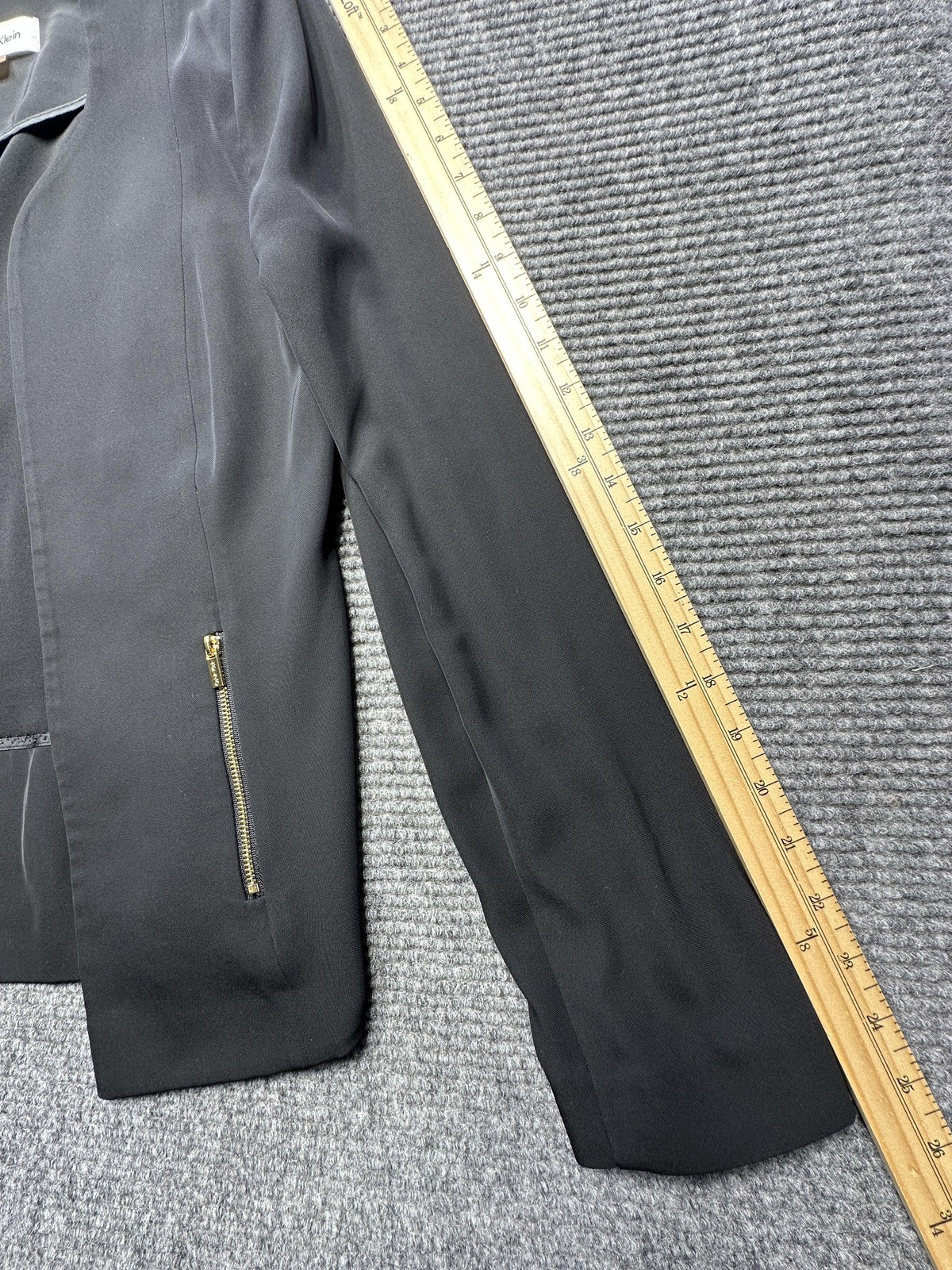 Calvin Klein Blazer Womens 4 Black Collarless Open Front Gold Zip Jacket Stretch thumbnail 4