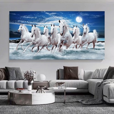Seven White Running Horses Canvas Painting Animal Poster Canvas Wall Art Picture