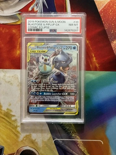 POKEMON CARD 2019 SUN & MOON COSMIC ECLIPSE #38 BLASTOISE & PIPLUP GX PSA 8