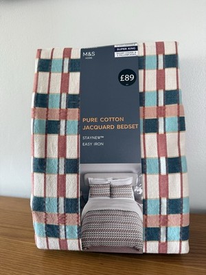 M&S Super King Reine Baumwolle Jacquard Bettgarnitur Bettbezug & Kissenbezüge Brandneu mit Etikett UVP 89 £