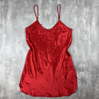 Vintage Slip Dress Womens Small Red Satin Slit BabyDoll Coquette Intimates 1990s