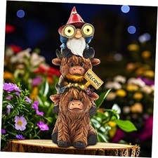 Christmas Garden Gnomes Outdoor Statue: Telescope Gnome sitting on Highland Cow