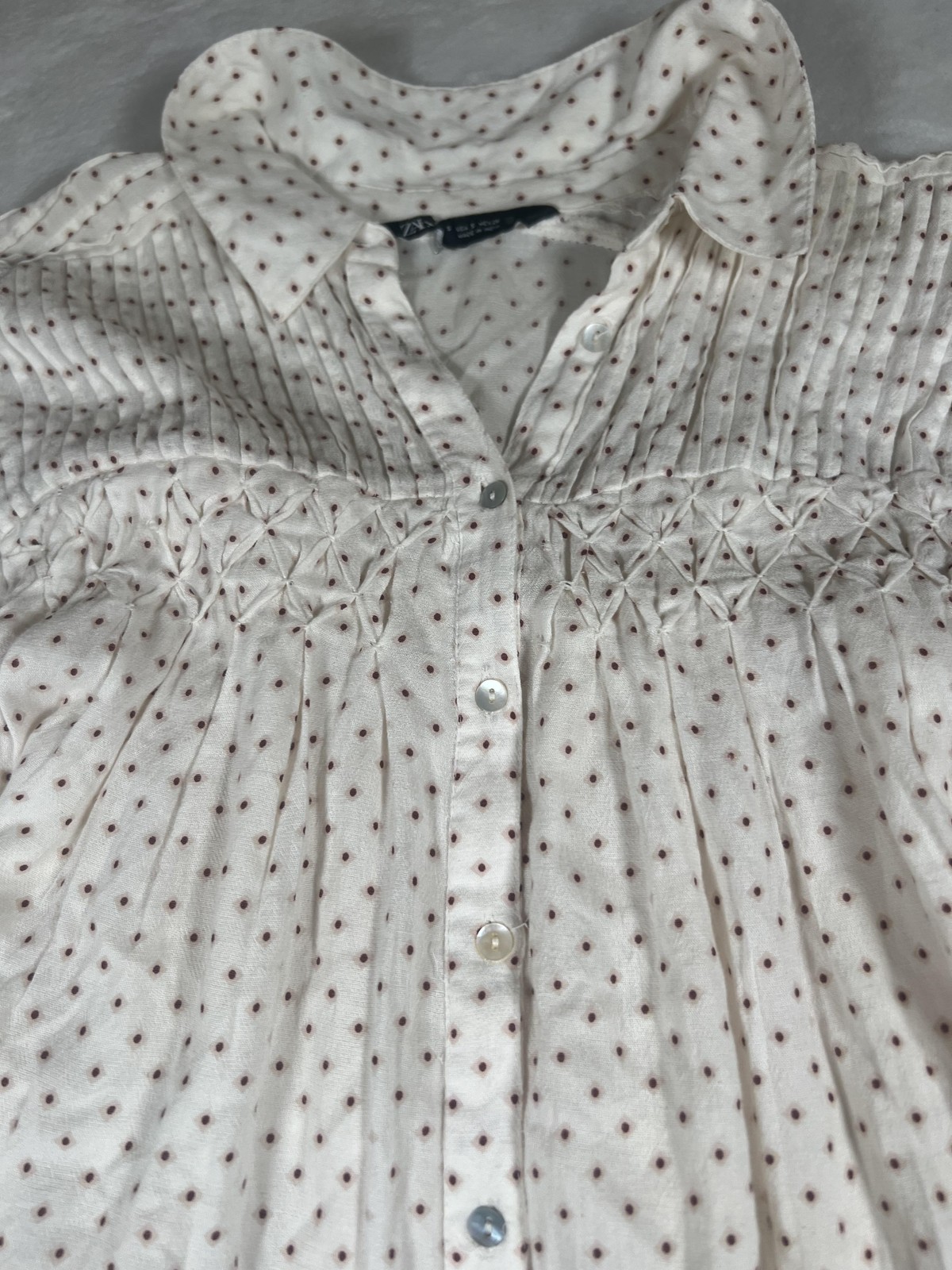 Zara Shirt Womens Small White Polka Dot Ruffle Button Up 3/4 Sleeve Tunic Top thumbnail 3