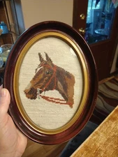 Vintage Oval Wooden Glass Framed Needlepoint Brown Red Horse Tapestry