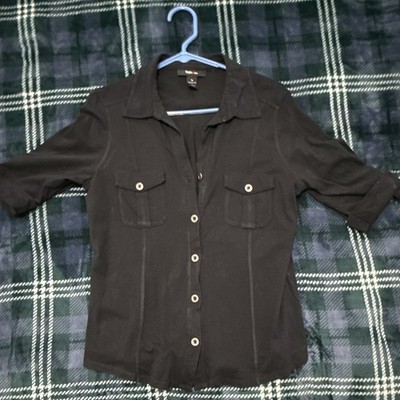 Style & Co. Women's Black Cotton Knit Collared Button-Up 3/4 Sleeve M
