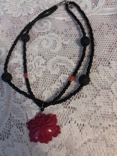 Cinnabar Carved Red Black Chocker Pendant Jewelry Beads Necklace 8.5