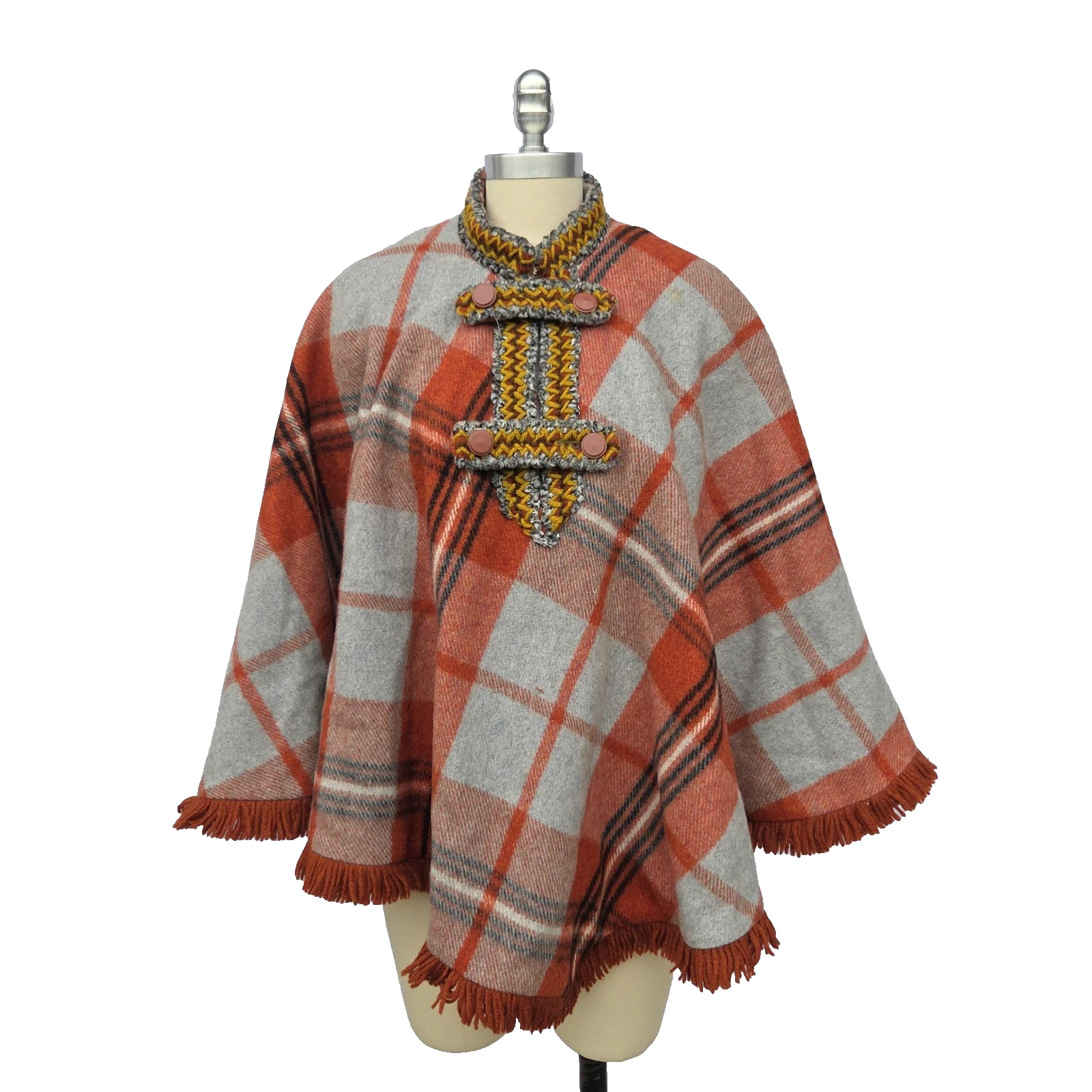 Vintage 70s Wool Poncho Cape Cloak Plaid Boho Western Festival Indie Mod