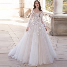 Fluffy Sleeve Low Round Neck Wedding Dress A-line Applique Pleated Bridal Gown