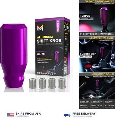 Premium Metallic Purple Shift Knob - 4 Metal Threaded Adapters, 4 5 6 Speed M...