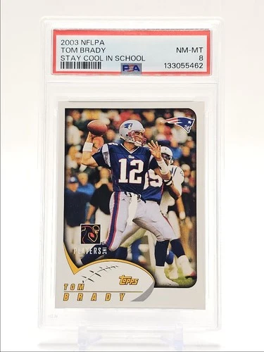 TOM BRADY 2003 TOPPS NFLPA STAY COOL IN SCHOOL FOOTBALL D PSA 8 Q0004