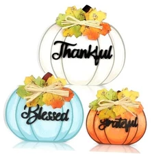 3 Pcs Fall Pumpkin Decor for Home Wooden Block Table Sign Large Orange Pumpkin