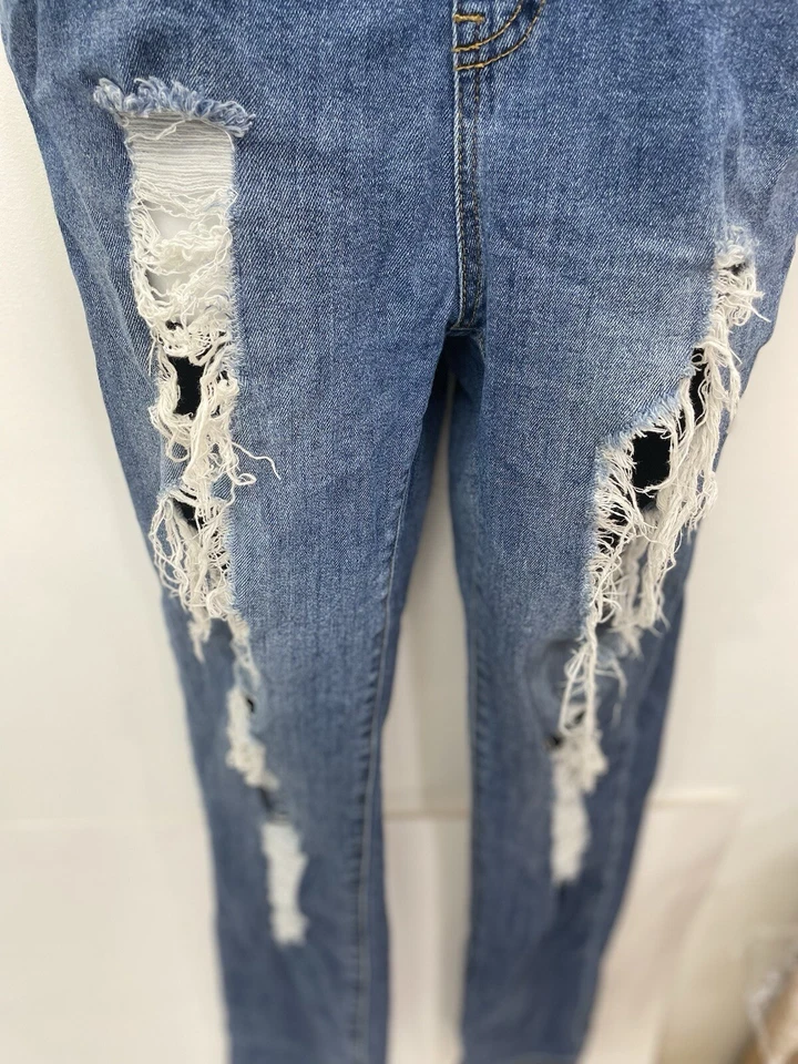 Papaya Jeans Women's Denim Long Distressed Cutoff Overalls Size L Wash B14 - Image 3 of 4