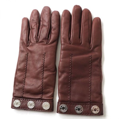 Authentic HERMES Lambskin Gloves Bordeaux silver hardware 100 
