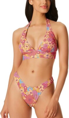 Jessica Simpson Women's Rendevous Halter Swimsuit Mix & Match Print Pink Size S