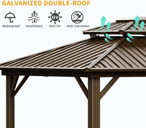 10' x 12' Outdoor Hardtop Gazebo Canopy w/ Aluminum Frame Sidewalls, Brown NEW# - Picture 10 of 22
