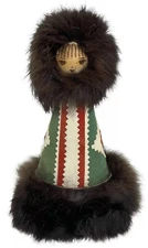 Vintage Eskimo Leather & Fur Hand Painted Wooden Peg Doll Folk ART Indigenous