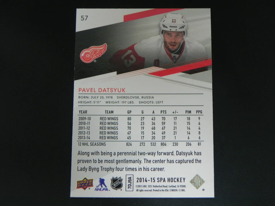 2014-15 14/15 SP Authentic Base Card #57 Pavel Datsyuk Detroit Red Wings - Image 2 of 2
