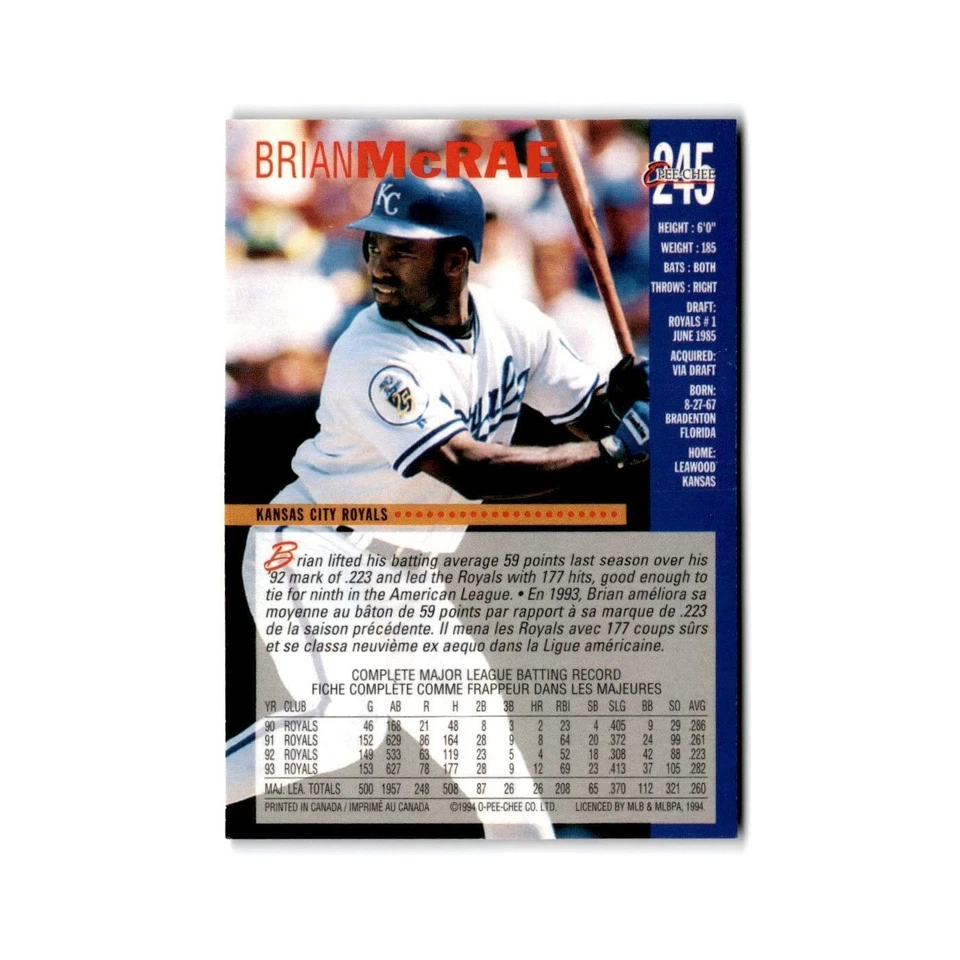 Brian McRae 1994 O-Pee-Chee #245 Kansas City Royals Baseball Card NM - Image 2 of 3