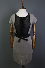 RED VALENTINO Gray Short Sleeve Lace Overlay Belted A-Line Knee Length Dress