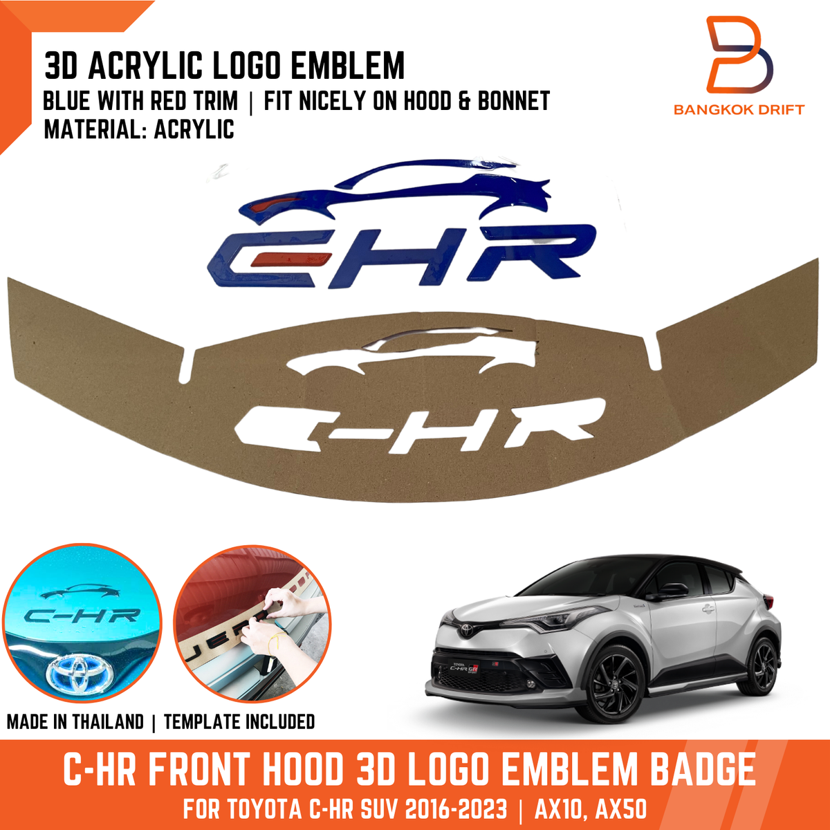 C-HR ピンバッジ BLUE RED C-HR FRONT HOOD 3D ACRYLIC LOGO EMBLEM BADGE LETTER For