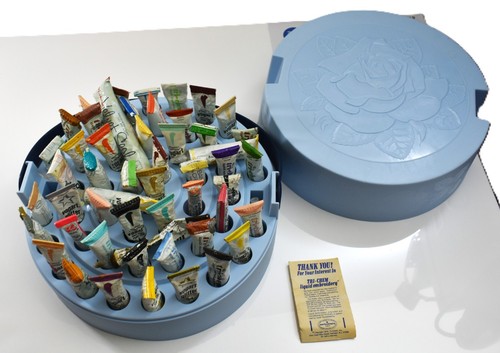 1974 Tri-Chem Liquid Embroidery Paint Case, 52 Paints Goodhouse Keeping Seal USA