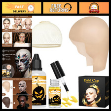 Beige Bald Cap Halloween Makeup Kit, SFX Wig Costume Accessories for Cosplay