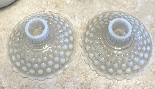 Vintage Fenton Opalescent Moonstone Hobnail Taperm Candle Holders