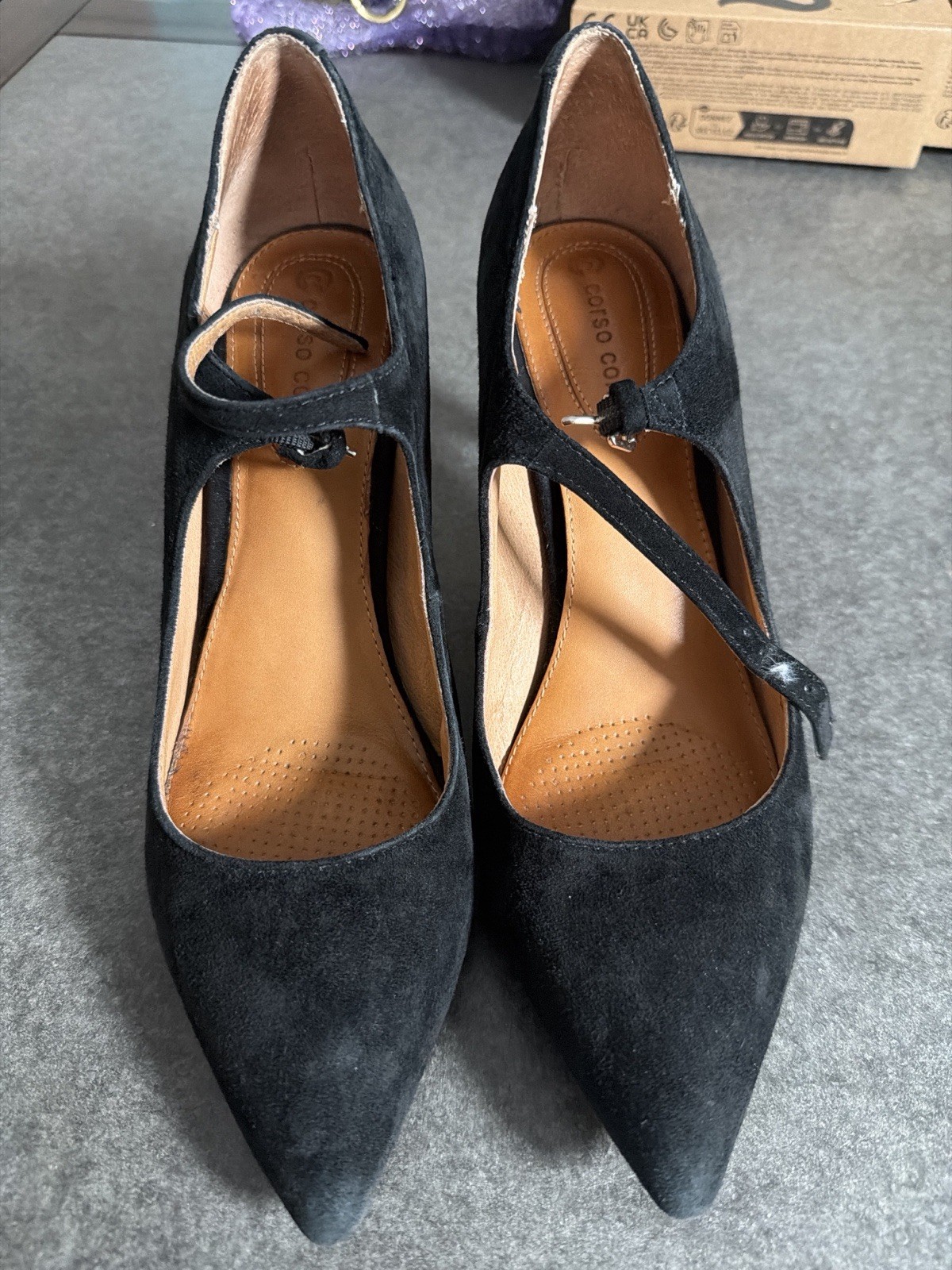 Corso Como Women’s Black Suede Mary Jane Heels Size 8.5 Pointed Toe Strap Pumps
