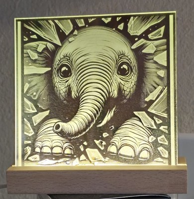Custom Laser Engraved 4'' Mirror-Elephant Breaking Though Glass Theme-W/ LED Base