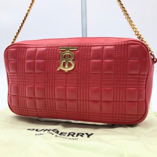 Burberry TB Red Quilted Chain Shoulder Bag Leather Gold Hardware Auth