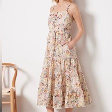Evereve Dress Small Pink Floral Eyelet Spaghetti Strap Smocked Back Midi