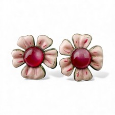Vintage Pink Enamel Sterling Silver Lucite Flower Screw Back Earrings