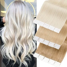 Tape In Real Remy Human Hair Extensions Invisible Skin Weft Blonde 100G THICK
